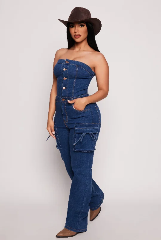 Daisy Denim Cargo Strapless Jumpsuit