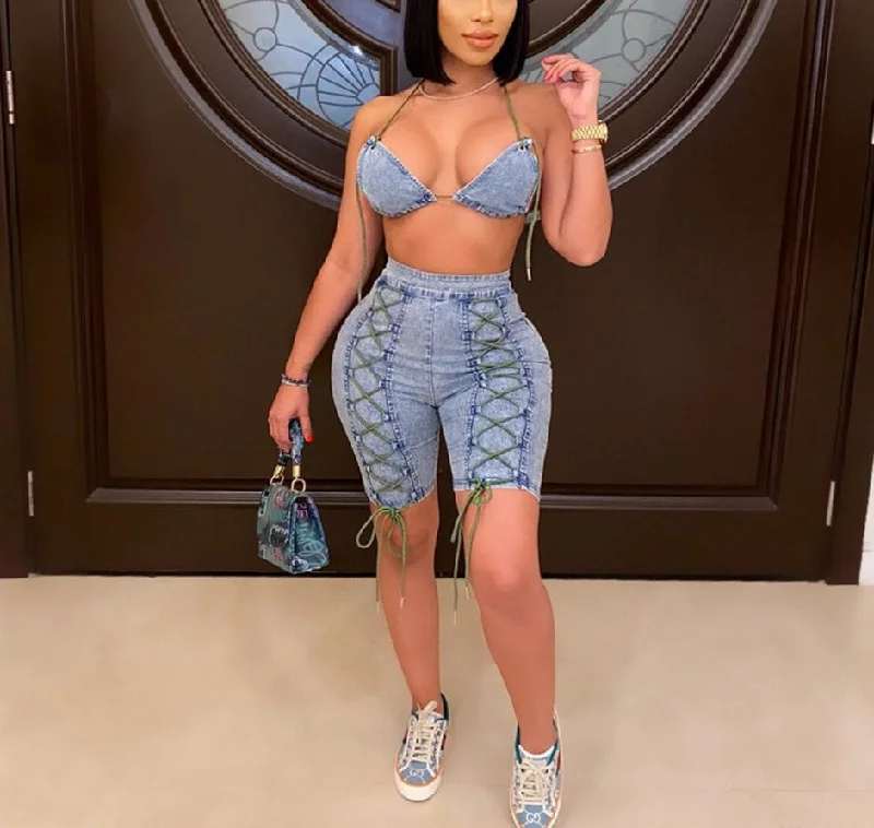 Limited Time Discount Denim Sleeveless Crop & Denim Shorts Sets