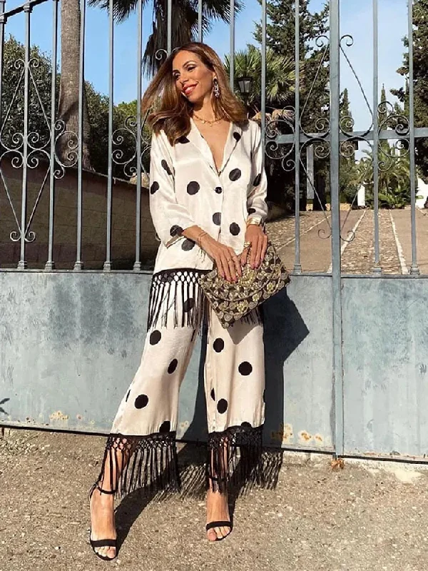 Daily Deals Dot Tassels Long Sleeve Blouse & Pants Sets