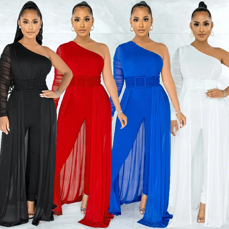 New Arrival Fashion women's solid color sexy mesh gauze perspective single shoulder diagonal collar long sleeve ladies pant jumpsuit women New Arrival Fashion women's solid color sexy mesh gauze perspective single shoulder diagonal collar long sleeve ladies pant jumpsuit women