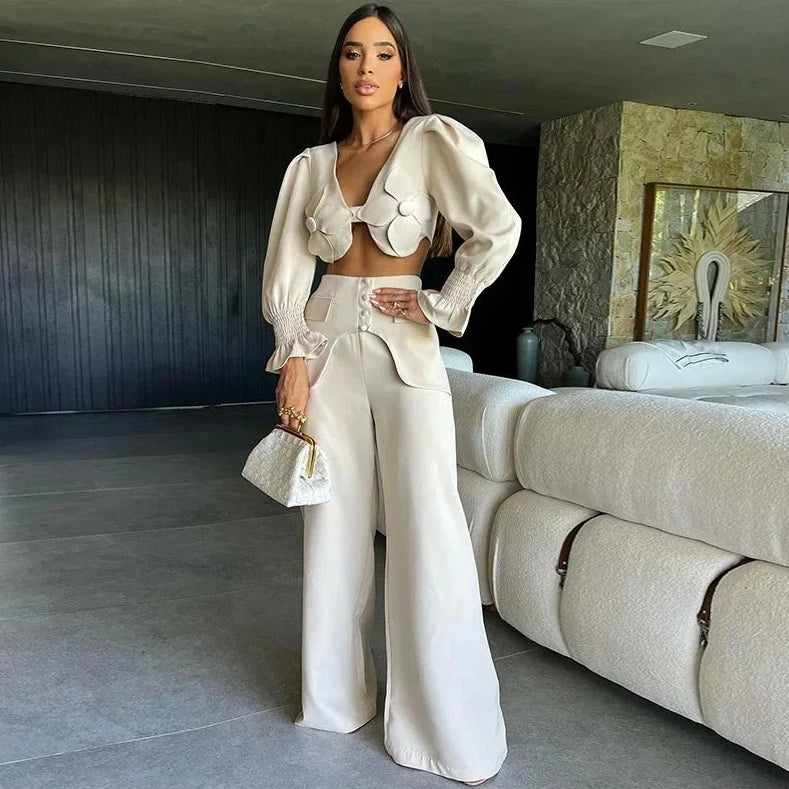 Don't Wait Flower Backless Crop Top & Wide Leg Pants Set