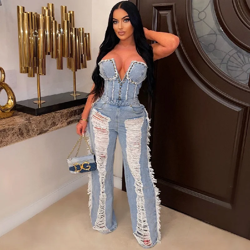 Super Bargain Full Ripped Legs Tassel Denim Jumpsuits
