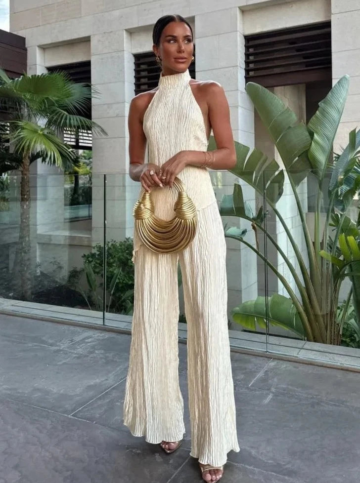 Savings Alert Halter Beveled Irregular Top & Wide Pants Sets