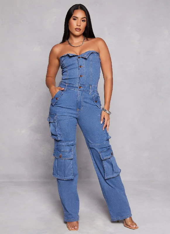 Daisy Solid Strapless Cargo Denim Jumpsuit