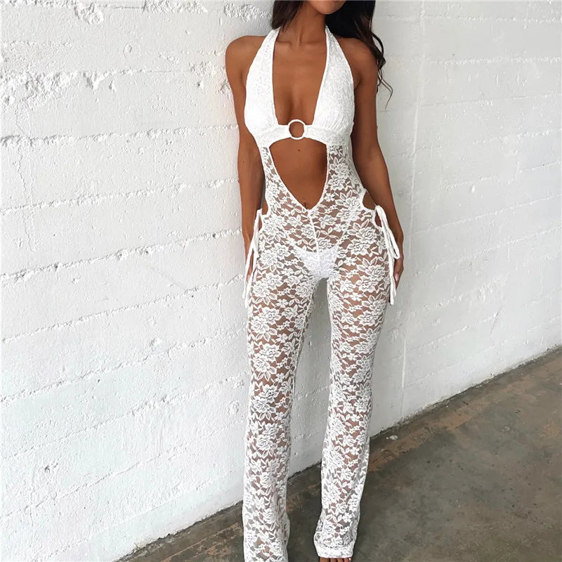 Deal Explosion Mesh Sleeveless Open V Navel Jumpsuits