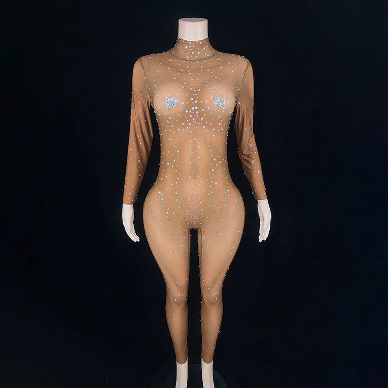 Stock Clearance NOVANCE 2023 new product shiny diamonds full length brown spandex romper sexy hot bodycon jumpsuits for nightclub bar party Stock Clearance NOVANCE 2023 new product shiny diamonds full length brown spandex romper sexy hot bodycon jumpsuits for nightclub bar party