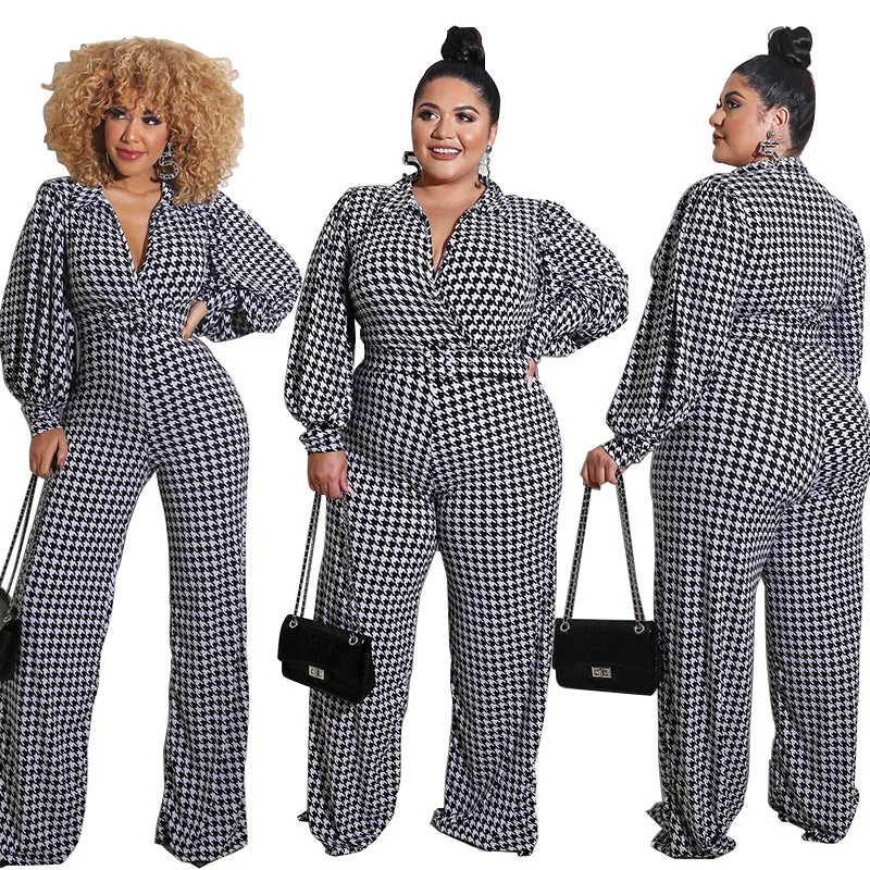 Bargain Bin Plus Size Jumpsuit Women Elegant Turn Down Collar Houndstooth Print Romper Ladies Casual Puff Sleeve Full Playsuit Fat Big Size Bargain Bin Plus Size Jumpsuit Women Elegant Turn Down Collar Houndstooth Print Romper Ladies Casual Puff Sleeve Full Playsuit Fat Big Size