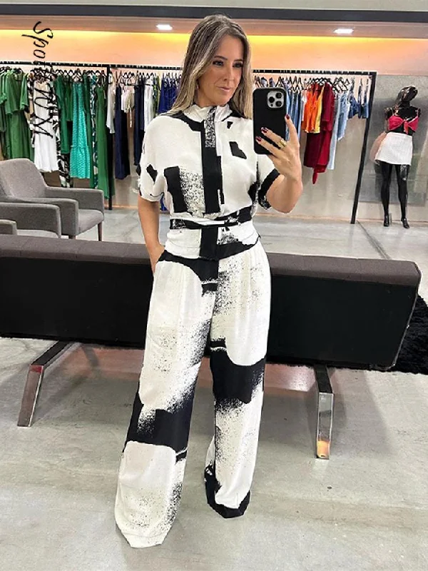 Early Access Printed Short Sleeve Blouse & Wide Leg Pant Set