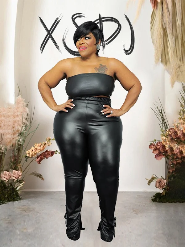 Last Chance Pu Leather Strapless Crop and Pants Sets Plus Size