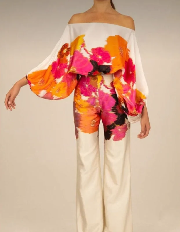 Online Only Satin Off Shoulder Lantern Sleeve Top & Wide Leg Pant Sets
