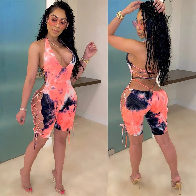 Take Advantage Tie Dye Deep V Hollow Rompers