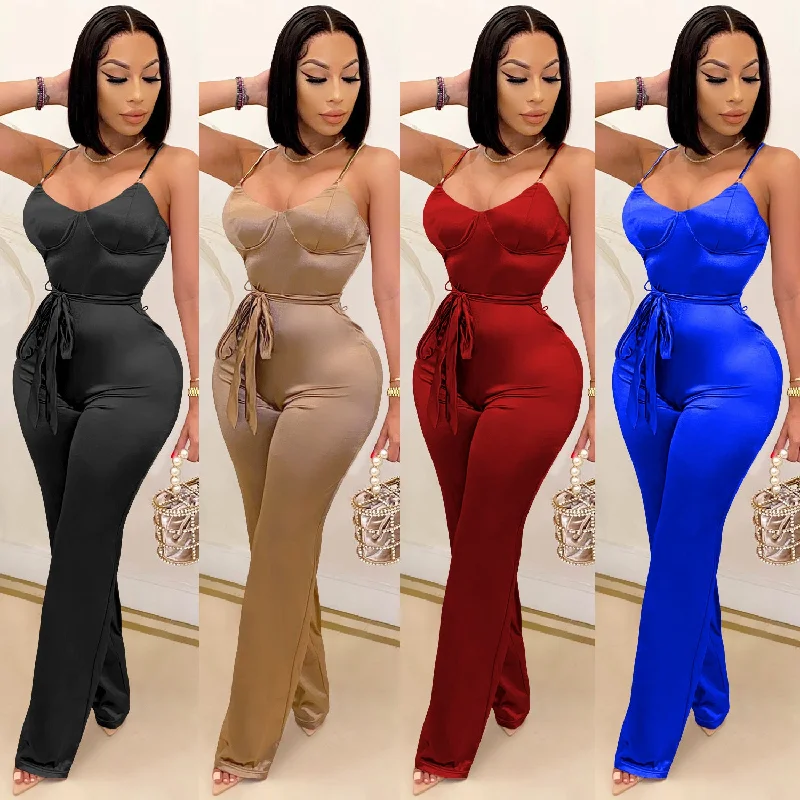 Super Deal Women's clothing ladies tsolid color raight leg pants casual commuting suspender sexy one piece women jumpsuits