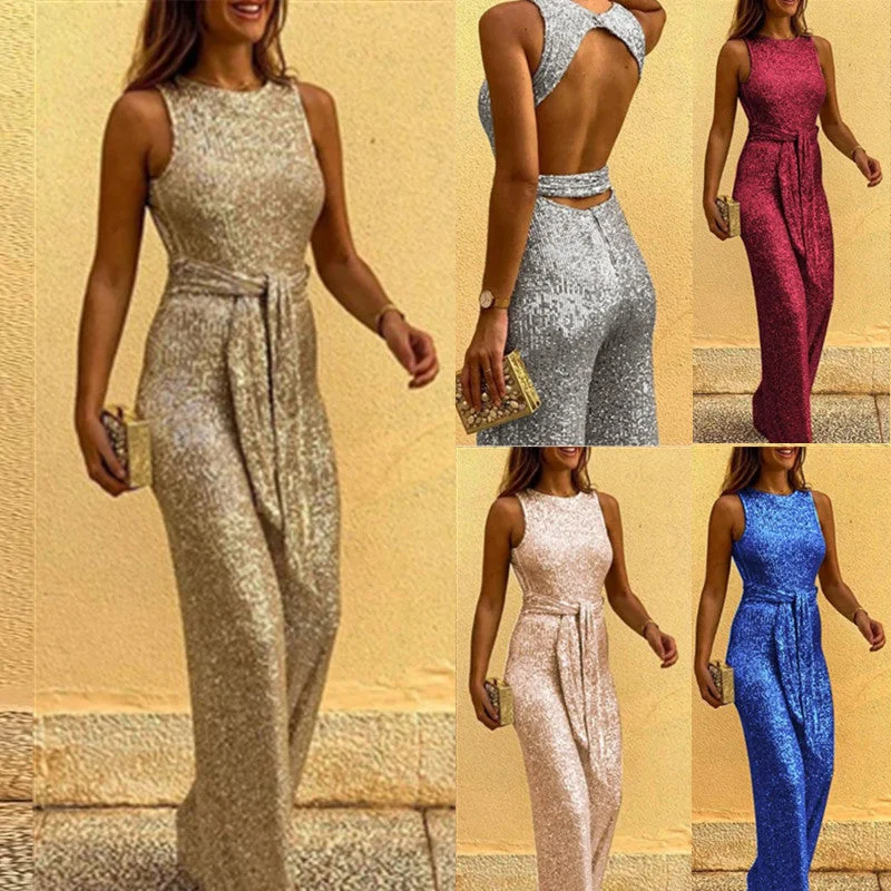 Limited Time Offer Women's club party ladies one piece wear O neck sleeveless personality sequin dot sexy bare back jumpsuit Limited Time Offer Women's club party ladies one piece wear O neck sleeveless personality sequin dot sexy bare back jumpsuit
