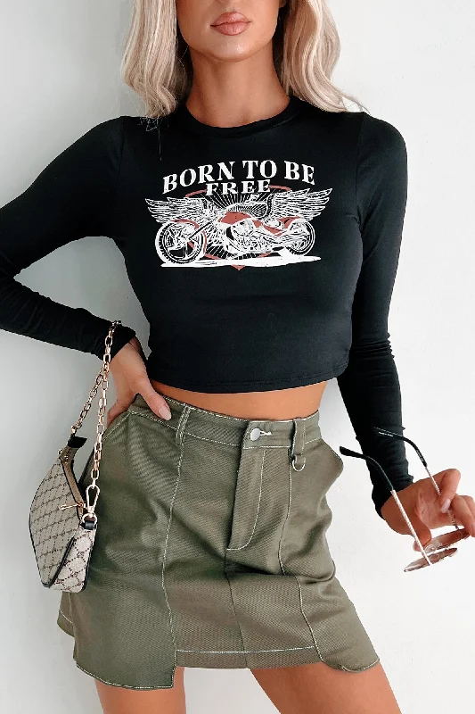 Value Deals "Born To Be Free" Long Sleeve Graphic Top (Black)