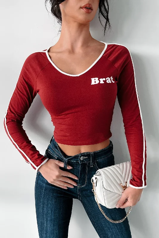 Today’s Deal "Brat" Graphic Long Sleeve Top (Burgundy)