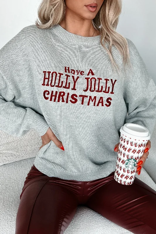 Act Fast Christmas Greetings Embroidered Holiday Sweater (Heather Grey)