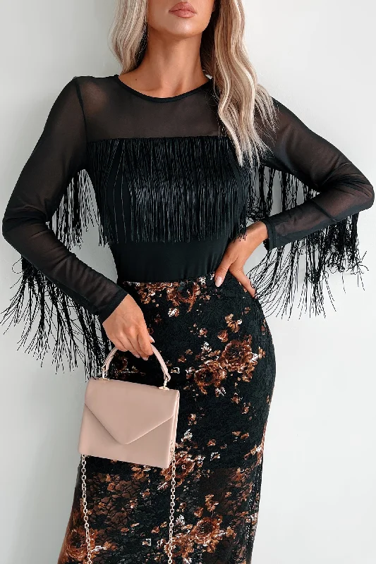 Super Sale Country & Proud Of It Fringe Mesh Long Sleeve Top (Black)