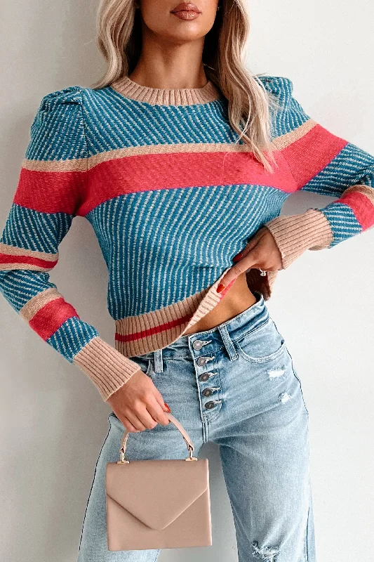 Price Buster Creative Thoughts Puff Sleeve Sweater (Blue/Fuchsia/Taupe)