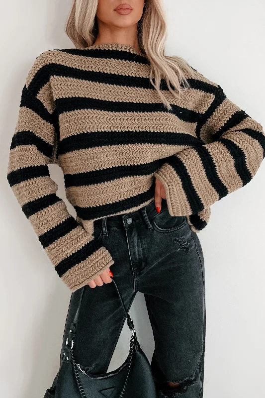 Exclusive Deal Crossing Lines Striped Boatneck Sweater (Black/Camel)