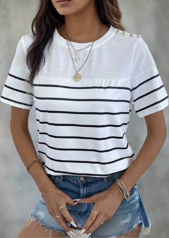 Steals and Deals Decorative Button Striped Short Sleeve T-Shirt