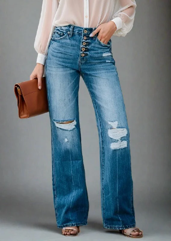 Distressed Button-Fly Jeans with Pockets