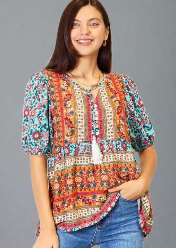 Crazy Deals Double Take Bohemian Tassel Tie Puff Sleeve Babydoll Blouse