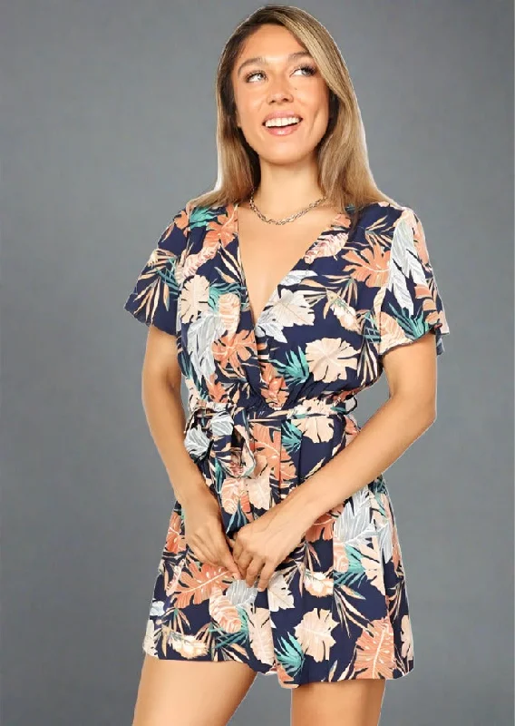 Warehouse Sale Double Take Botanical Print Surplice Neck Tie Waist Romper