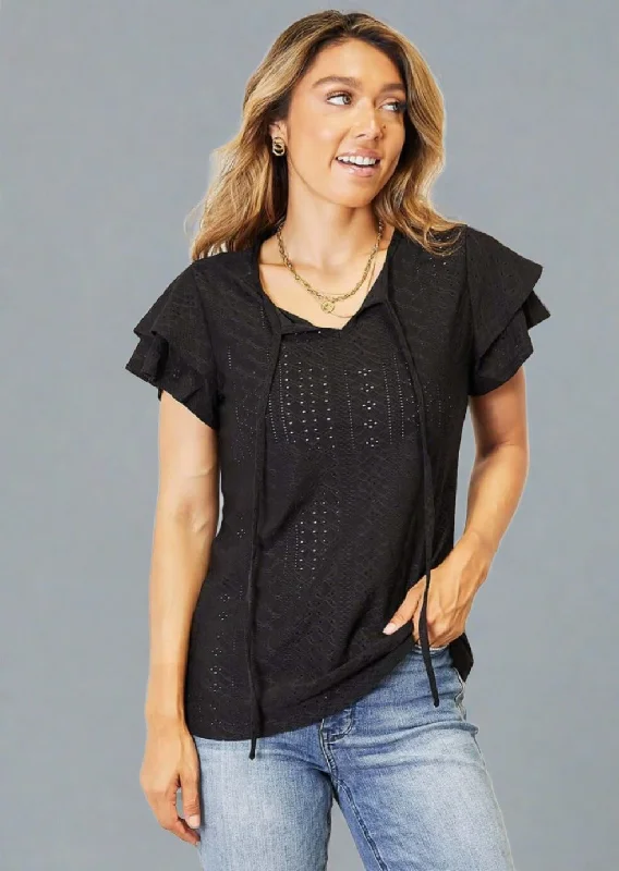 Best Bargains Double Take Eyelet Tie-Neck Flutter Sleeve Blouse