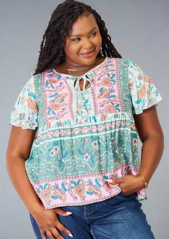 Buy Now Double Take Floral Tie Neck Short Sleeve Blouse