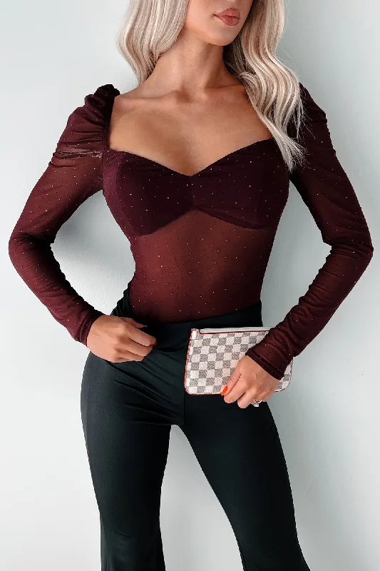 Discount Days Easy To Remember Rhinestone Mesh Bodysuit (Dark Cherry)