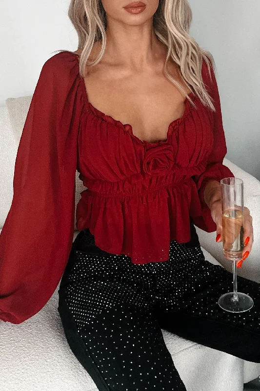 Bonus Savings Feminine Feels Ruched Rosette Peasant Top (Dark Cherry)