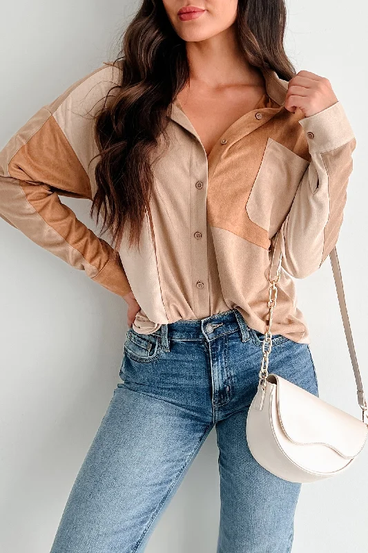 Price Reduction Figuring Things Out Faux Suede Colorblock Shirt (Taupe Mix)