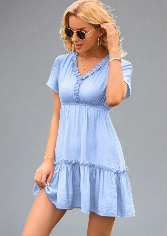 Frill V-Neck Short Sleeve Ruffle Hem Dress