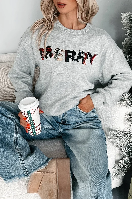 Massive Deals Happy For The Holidays Plaid "Merry" Sweatshirt (Heather Grey)