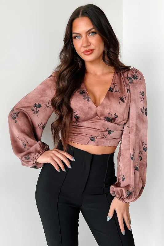 Discount Extravaganza Just Say When Satin Floral Long Sleeve Top (Brown)