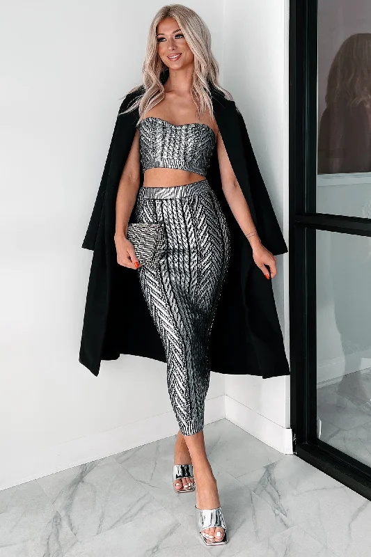 Crazy Savings Keep Their Attention Metallic Tube Top & Skirt Set (Black/Silver)