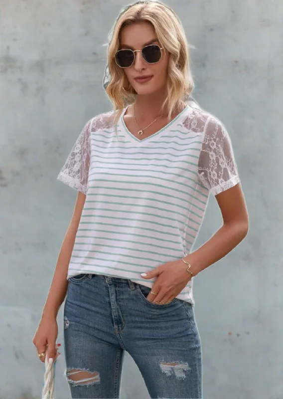 Midnight Madness Lace Detail Striped V-Neck T-Shirt