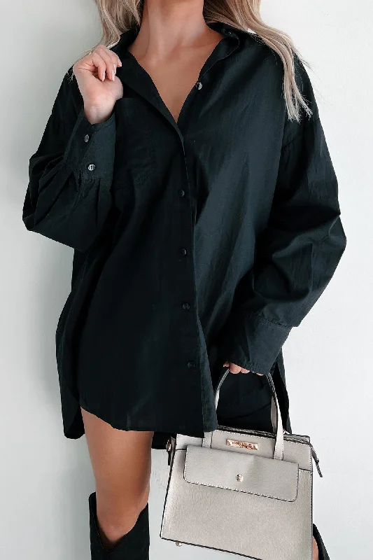 Overstock Sale Modernly Classic Oversized Button-Up Shirt (Black)