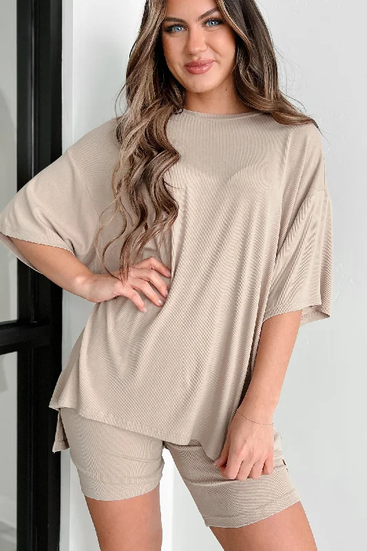 Deal Alert Nap Trapped Ribbed T-Shirt & Biker Shorts Set (Mushroom)