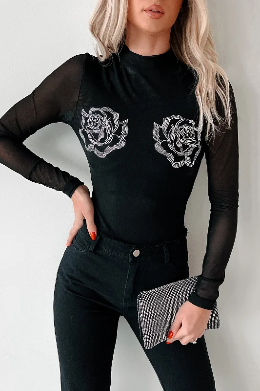 Hot Deal Playing Hard To Forget Rhinestone Rosette Mesh Bodysuit (Black)