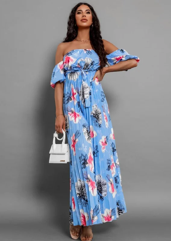 Pleated Floral Off-Shoulder Short Sleeve Midi Dress