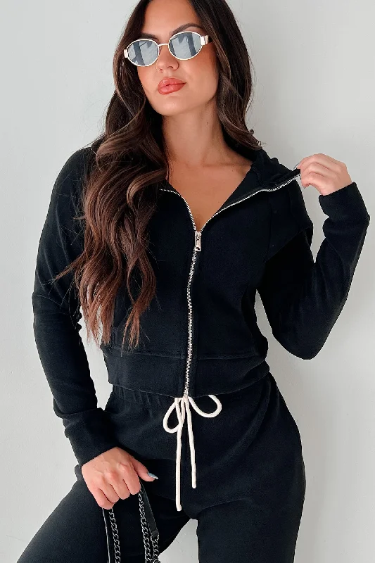 Quick Sale Retro Refresh Hooded Fleece Track Jacket (Black)