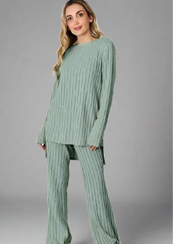 Act Fast Basic Bae Ribbed High-Low Top and Wide Leg Pants Set