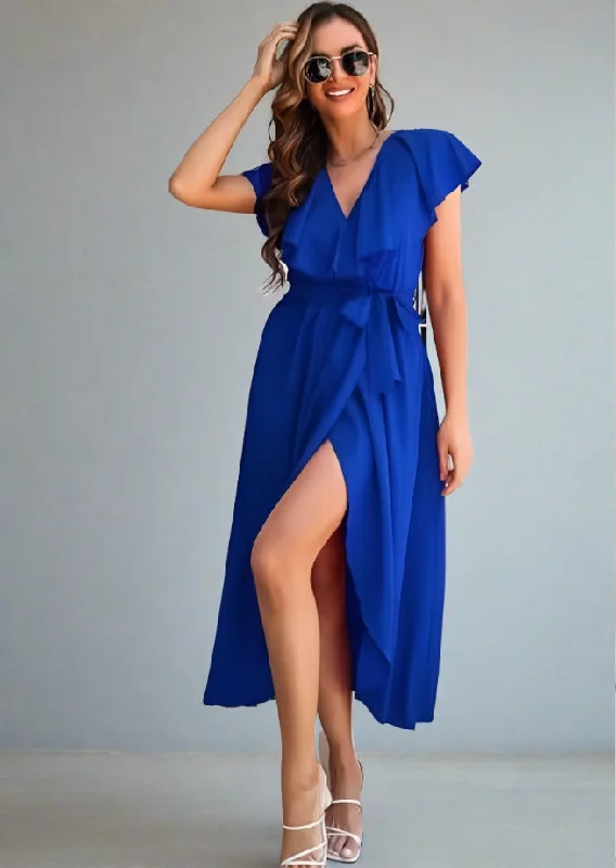Crazy Savings Ruffled Surplice Tie Waist Slit Midi Dress