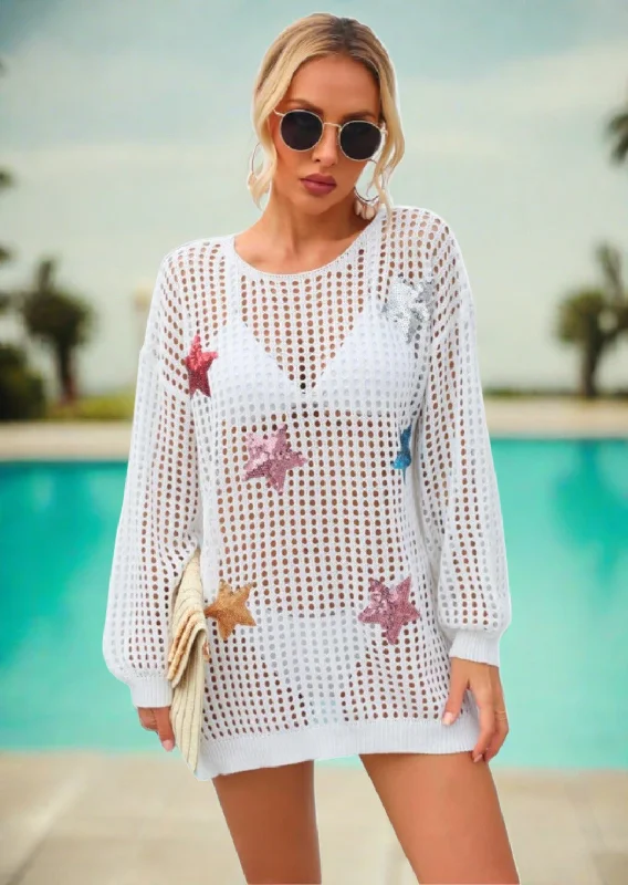The Best Prices Sequin Star Round Neck Long Sleeve Cover Up