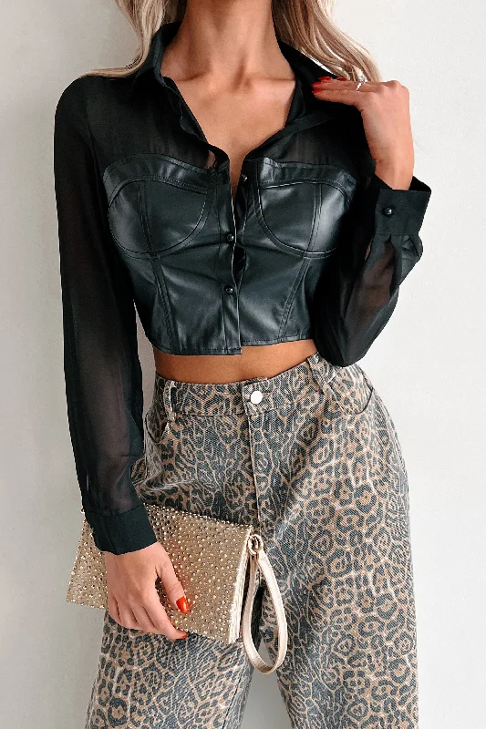 Steals and Deals Sheer Passion Faux Leather Blouse (Black)