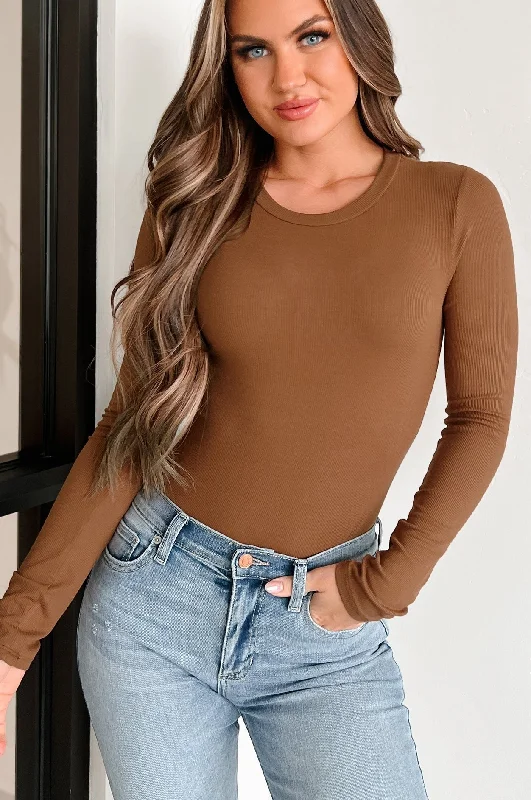 Exclusive Offers Simple Yet Practical Ribbed Long Sleeve Bodysuit (Toffee)