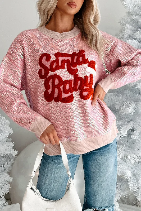 Shop and Save Single For Christmas Sequin "Santa Baby" Sweater (Pink)