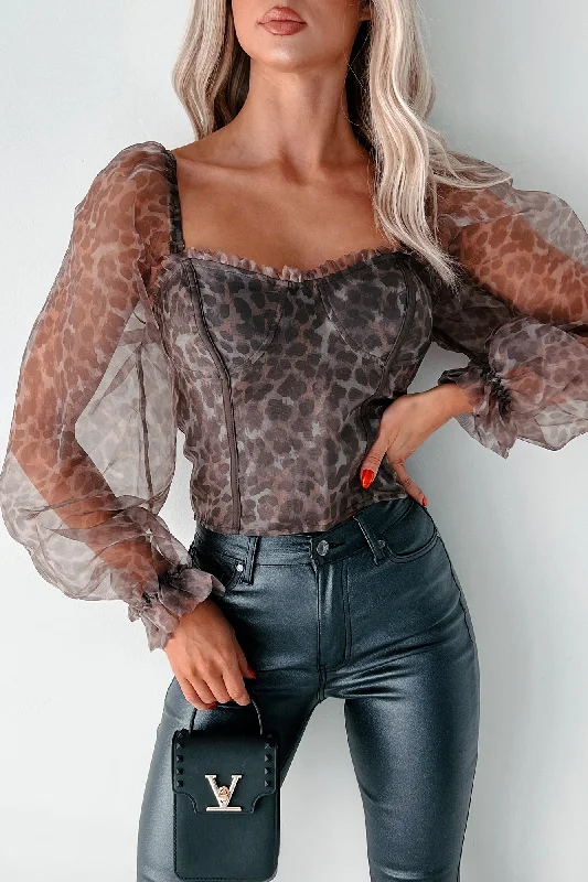 Super Deal Slay Everyday Leopard Organza Puff Sleeve Top (Leopard)