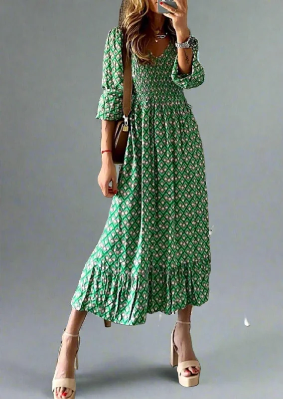 Great Deals Smocked Printed V-Neck Midi Dress